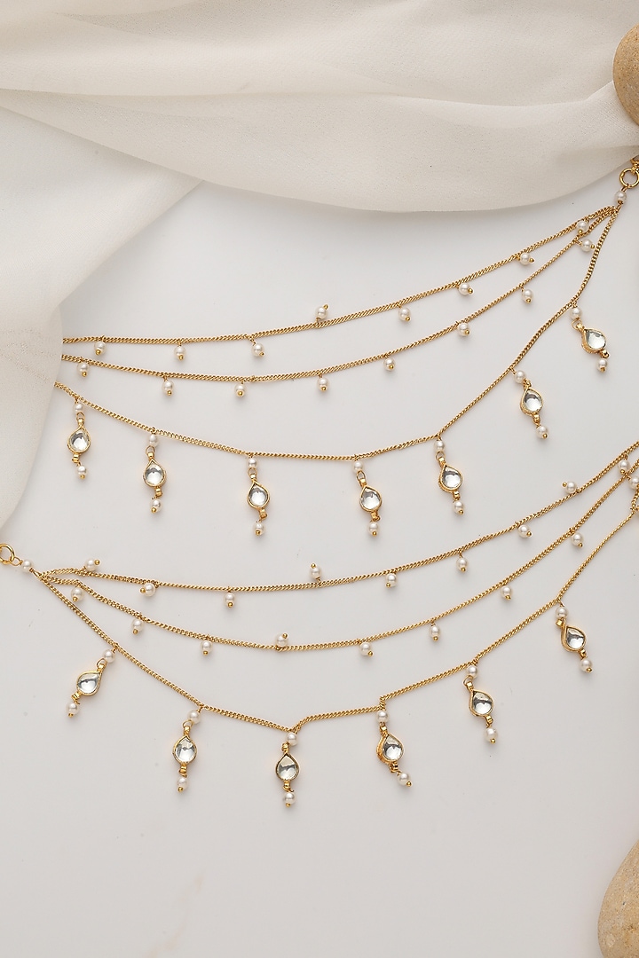 Gold Finish Kundan Polki & Pearl Handcrafted Anklets (Set Of 2) by Swabhimann Jewellery at Pernia's Pop Up Shop