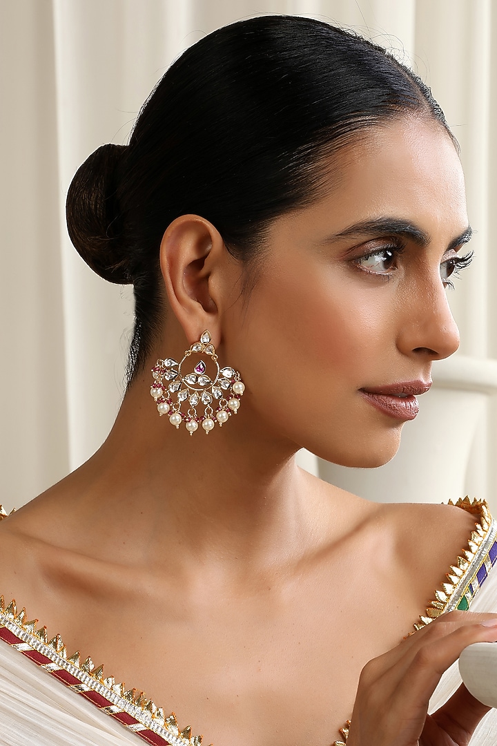 Rose Gold Finish Red Kundan Polki Chandbali Earrings by Swabhimann Jewellery at Pernia's Pop Up Shop