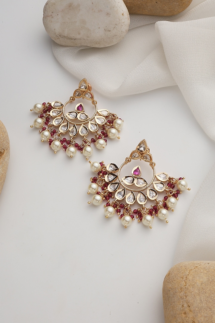 Rose Gold Finish Red Kundan Polki Chandbali Earrings by Swabhimann Jewellery at Pernia's Pop Up Shop