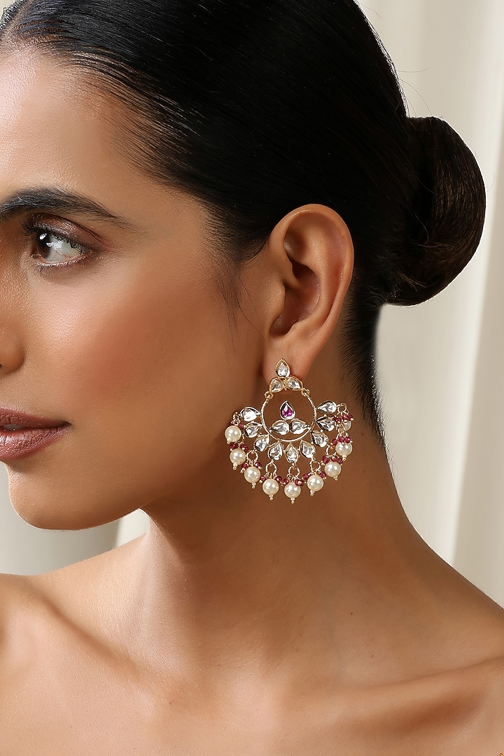 Rose Gold Finish Red Kundan Polki Chandbali Earrings by Swabhimann Jewellery at Pernia's Pop Up Shop