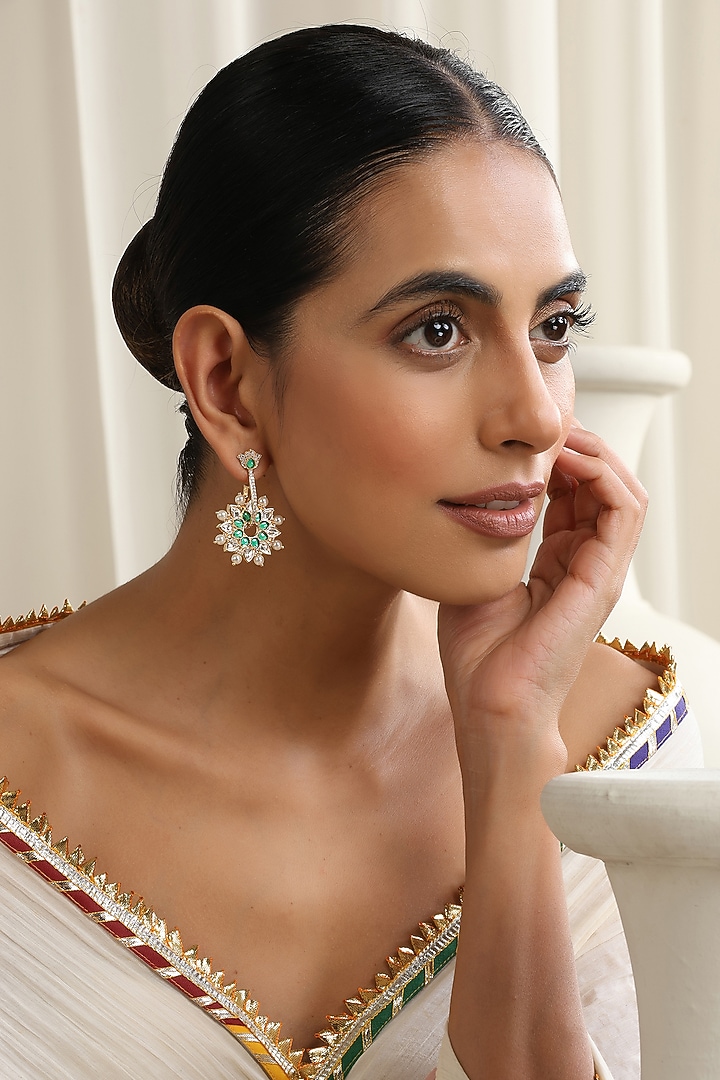 Gold Finish Green Kundan Polki Dangler Earrings by Swabhimann Jewellery at Pernia's Pop Up Shop