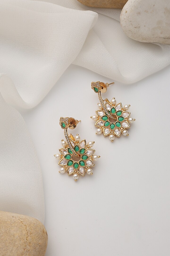 Gold Finish Green Kundan Polki Dangler Earrings by Swabhimann Jewellery at Pernia's Pop Up Shop