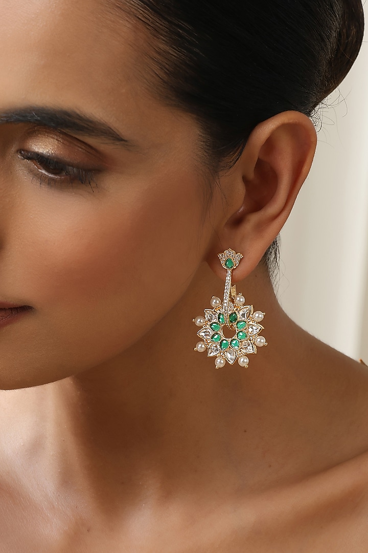 Gold Finish Green Kundan Polki Dangler Earrings by Swabhimann Jewellery at Pernia's Pop Up Shop