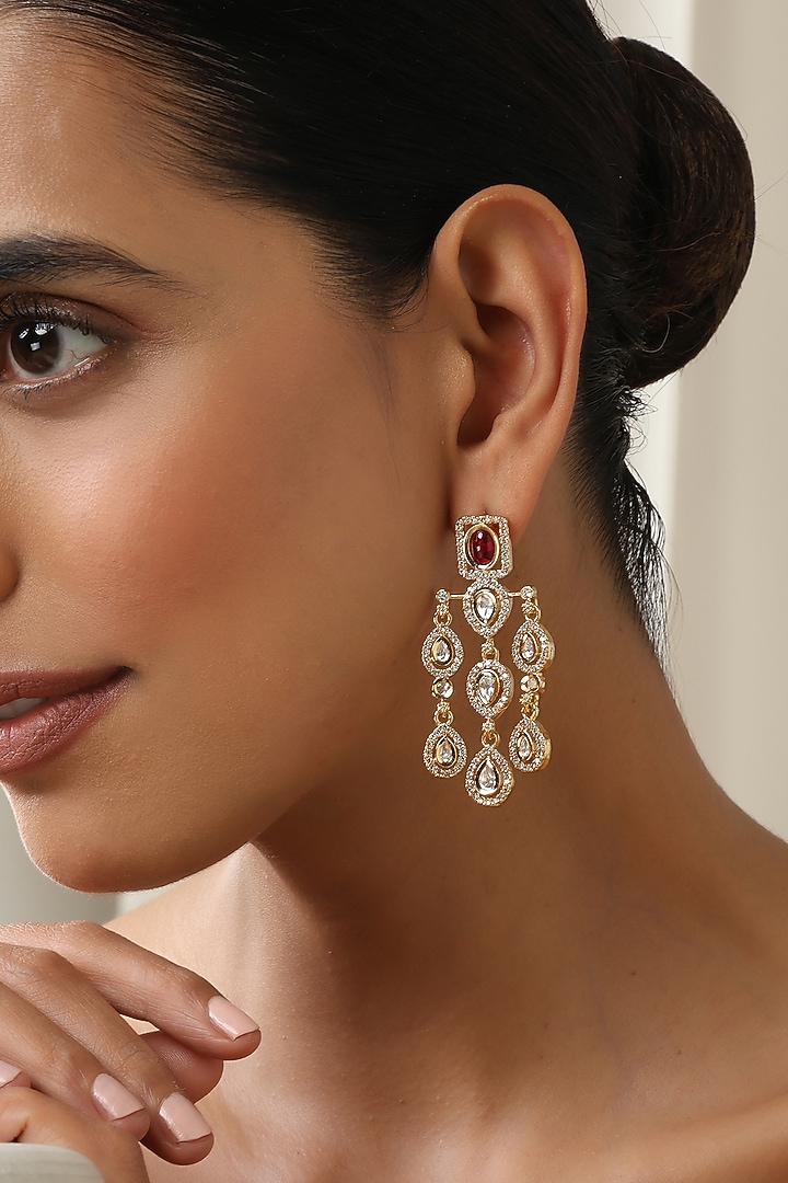 Rose Gold Finish Red Kundan Polki Dangler Earrings by Swabhimann Jewellery at Pernia's Pop Up Shop