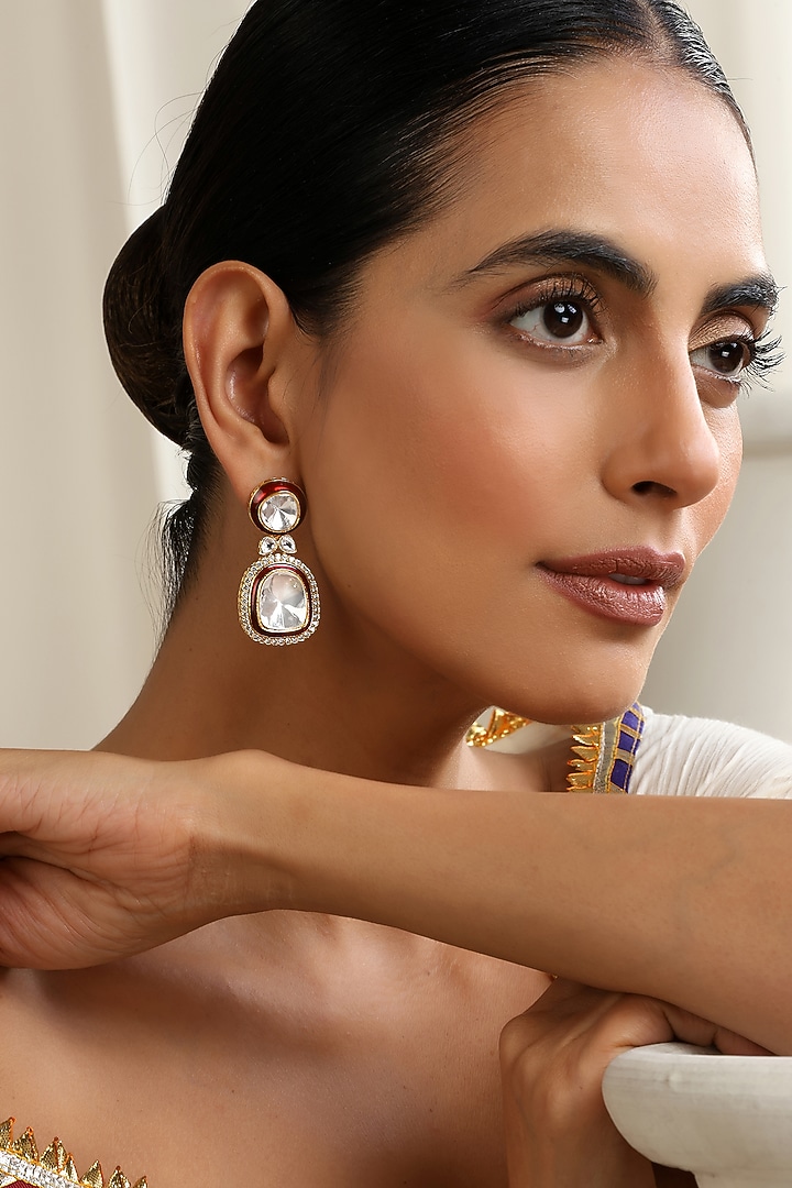 Gold Finish Red Kundan Polki Dangler Earrings by Swabhimann Jewellery at Pernia's Pop Up Shop
