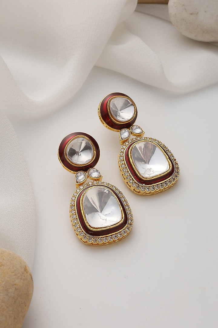 Gold Finish Red Kundan Polki Dangler Earrings by Swabhimann Jewellery at Pernia's Pop Up Shop