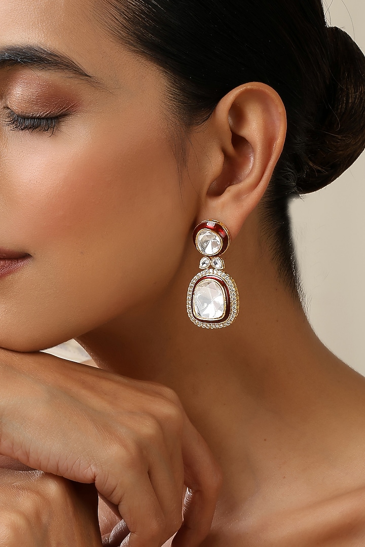 Gold Finish Red Kundan Polki Dangler Earrings by Swabhimann Jewellery at Pernia's Pop Up Shop