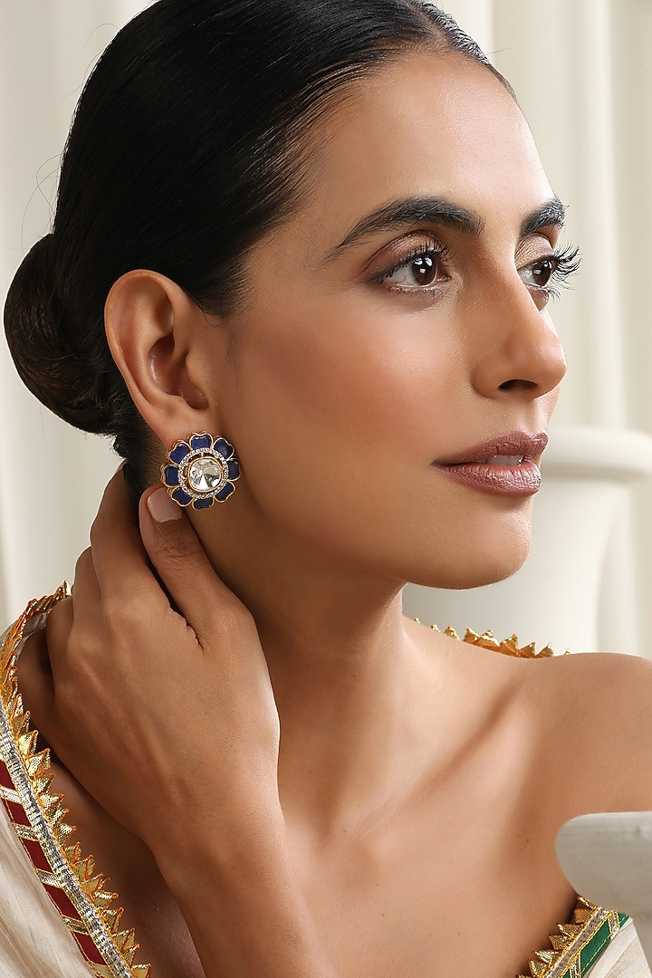 Gold Finish Blue Kundan Polki Stud Earrings by Swabhimann Jewellery at Pernia's Pop Up Shop