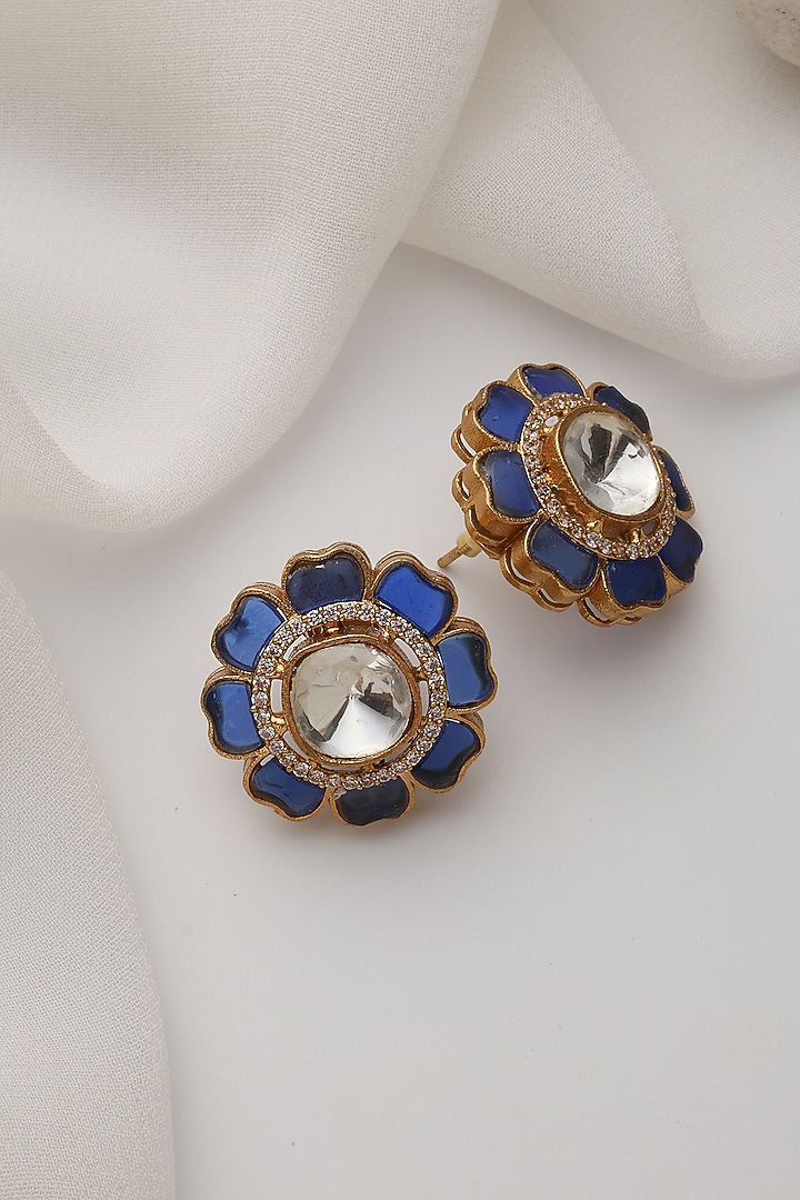 Gold Finish Blue Kundan Polki Stud Earrings by Swabhimann Jewellery at Pernia's Pop Up Shop
