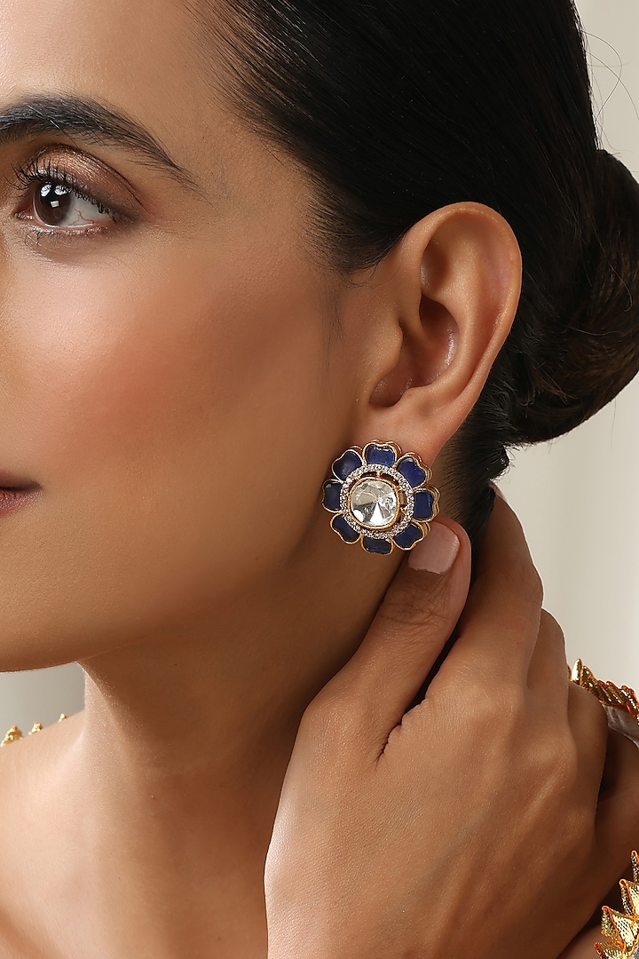 Gold Finish Blue Kundan Polki Stud Earrings by Swabhimann Jewellery at Pernia's Pop Up Shop