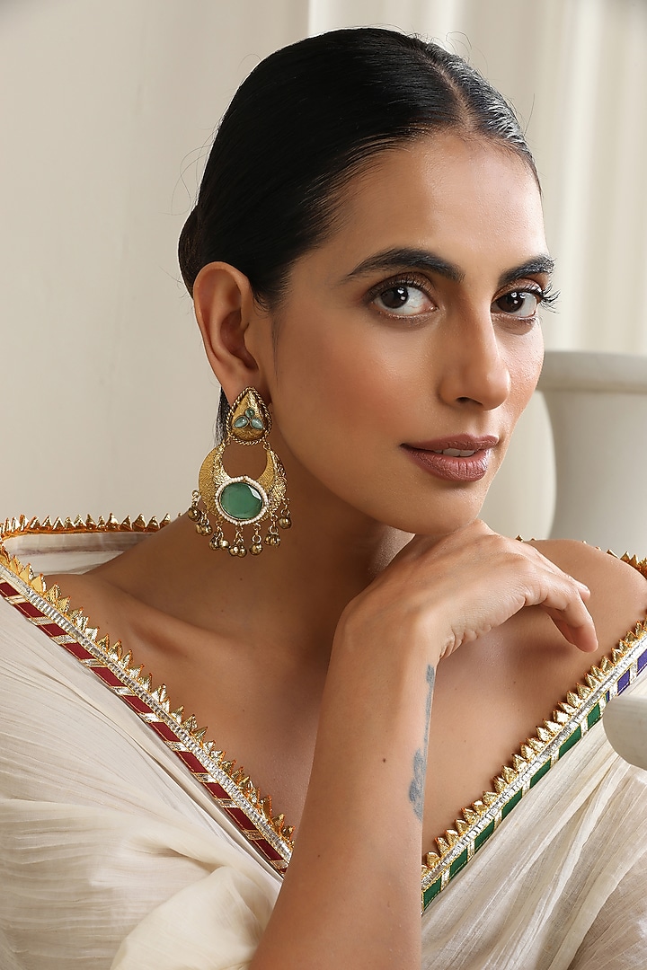 Gold Finish Mint Onyx Chandbali Earrings by Swabhimann Jewellery at Pernia's Pop Up Shop