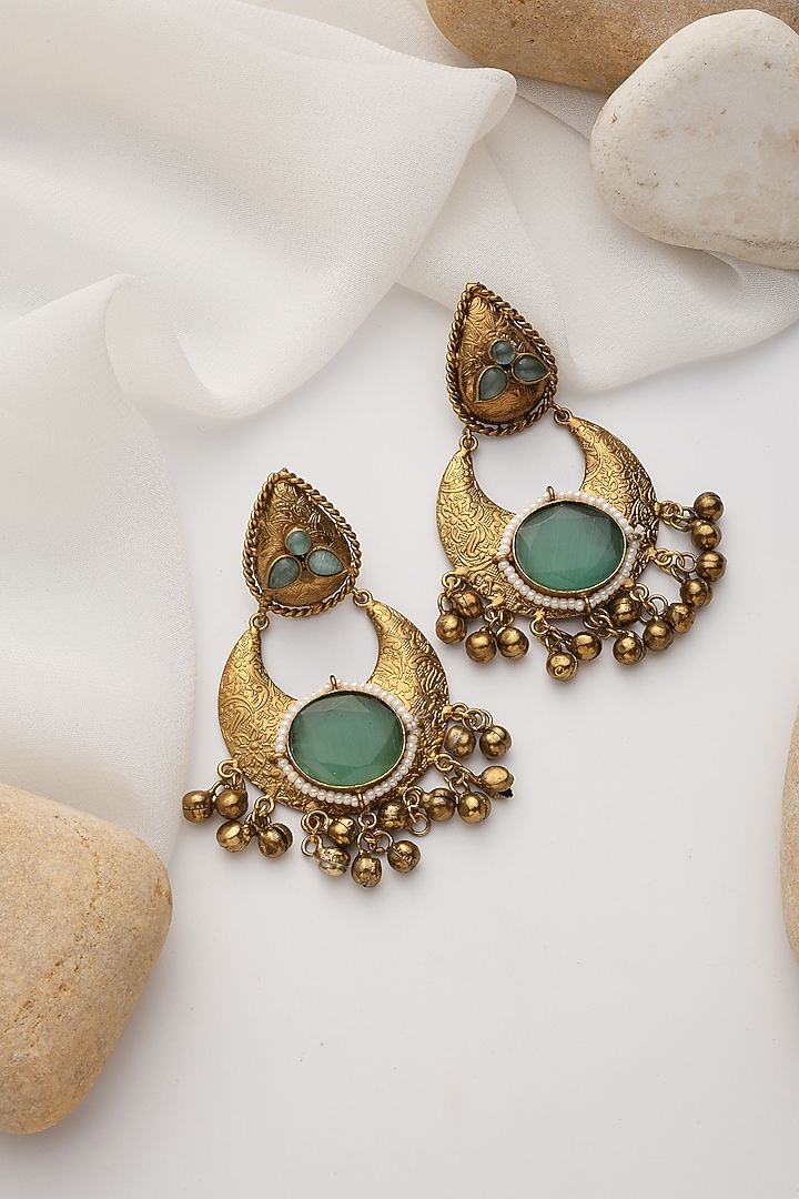 Gold Finish Mint Onyx Chandbali Earrings by Swabhimann Jewellery at Pernia's Pop Up Shop