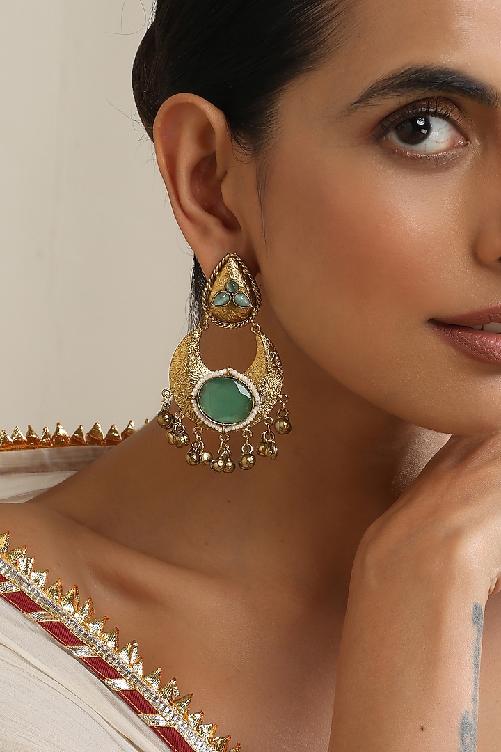Gold Finish Mint Onyx Chandbali Earrings by Swabhimann Jewellery at Pernia's Pop Up Shop