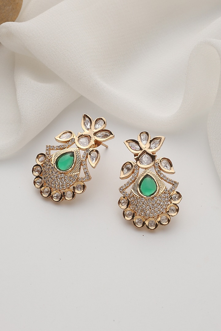 Rose Gold Finish Green Kundan Polki Stud Earrings by Swabhimann Jewellery at Pernia's Pop Up Shop