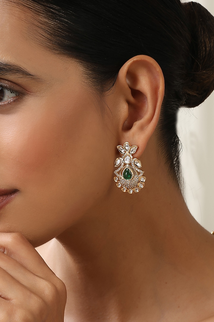 Rose Gold Finish Green Kundan Polki Stud Earrings by Swabhimann Jewellery at Pernia's Pop Up Shop