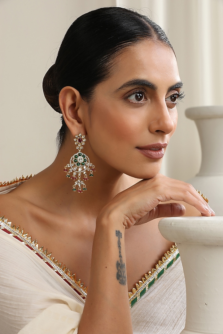 Gold Finish Multi-Colored Kundan Polki Dangler Earrings by Swabhimann Jewellery at Pernia's Pop Up Shop