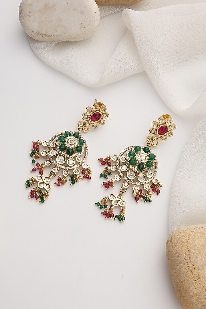 Gold Finish Multi-Colored Kundan Polki Dangler Earrings by Swabhimann Jewellery at Pernia's Pop Up Shop