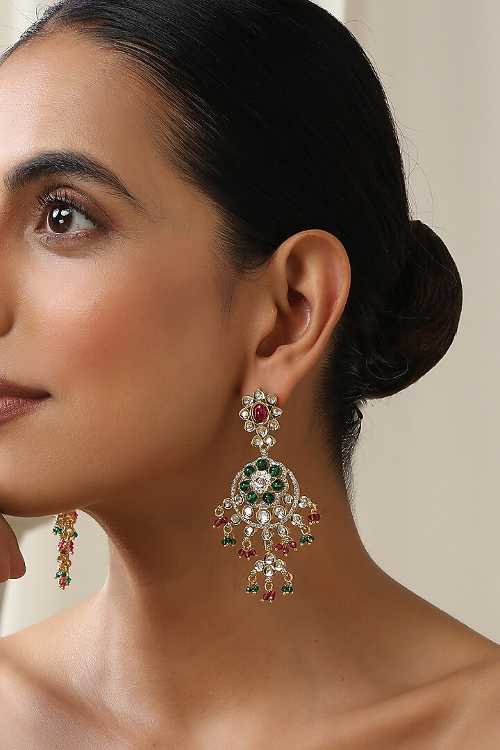 Gold Finish Multi-Colored Kundan Polki Dangler Earrings by Swabhimann Jewellery at Pernia's Pop Up Shop