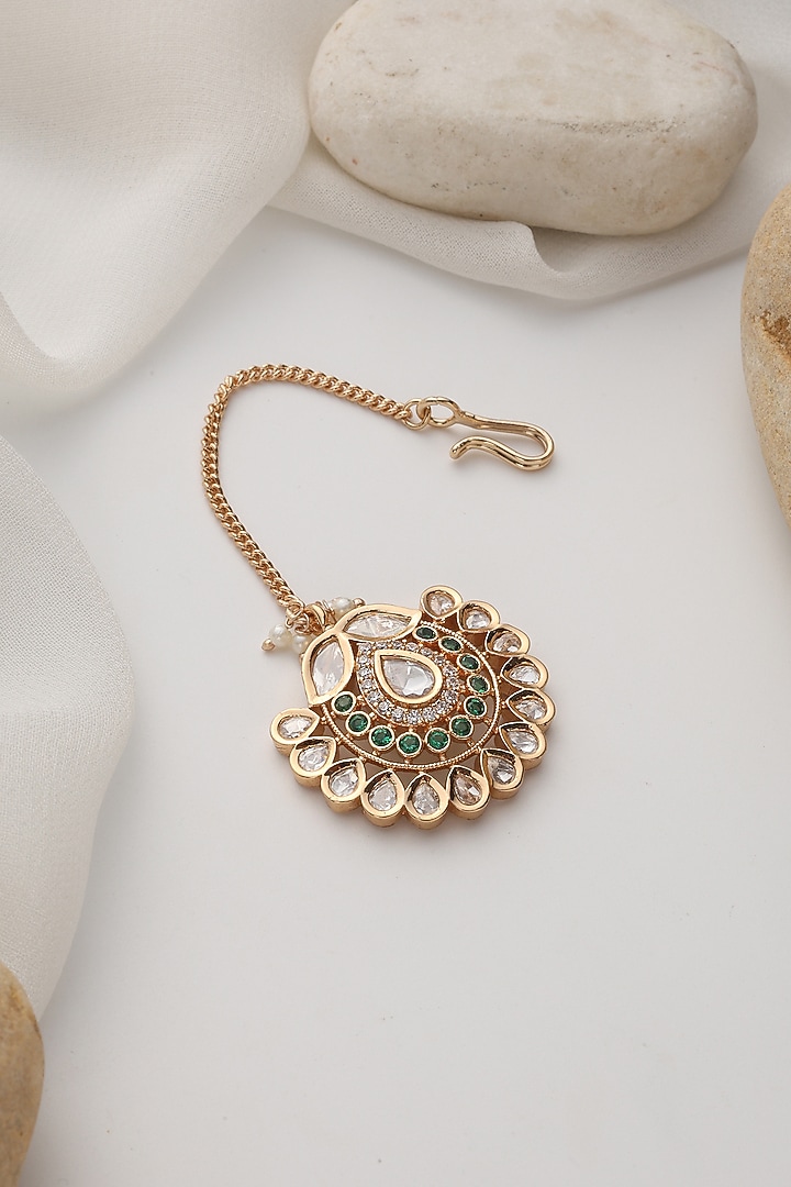 Rose Gold Finish Green Kundan Polki Maangtikka by Swabhimann Jewellery at Pernia's Pop Up Shop