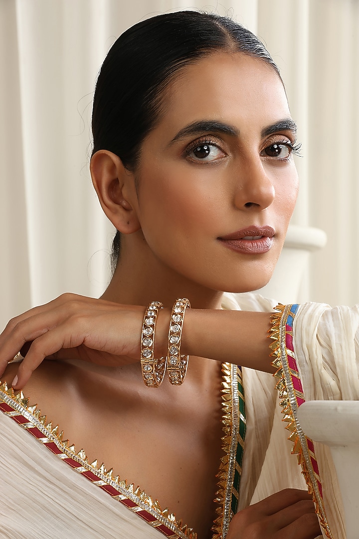 Rose Gold Finish Kundan Polki Bangles (Set Of 2) by Swabhimann Jewellery at Pernia's Pop Up Shop