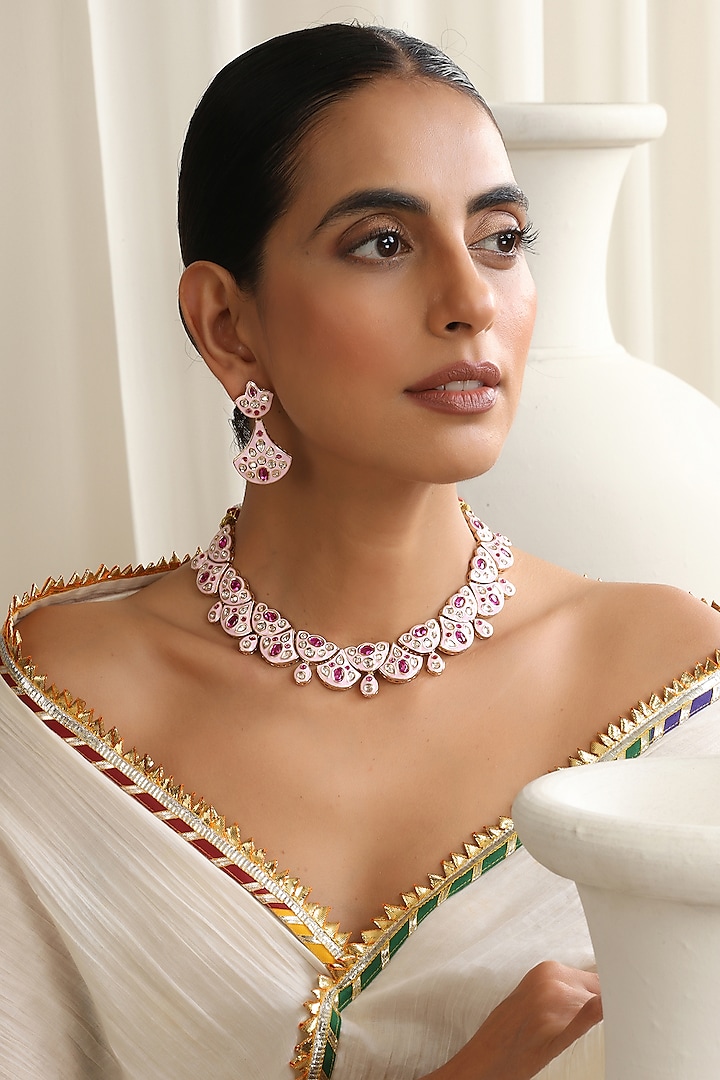 Rose Gold Finish Pink Kundan Polki Necklace Set by Swabhimann Jewellery at Pernia's Pop Up Shop