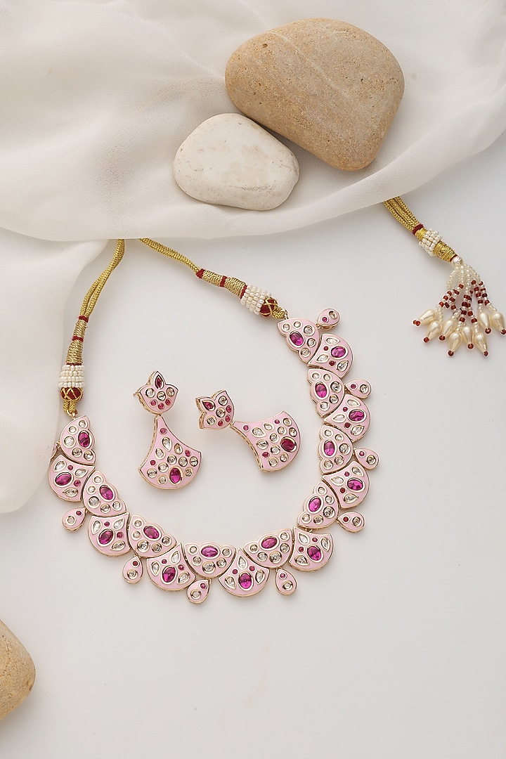Rose Gold Finish Pink Kundan Polki Necklace Set by Swabhimann Jewellery at Pernia's Pop Up Shop