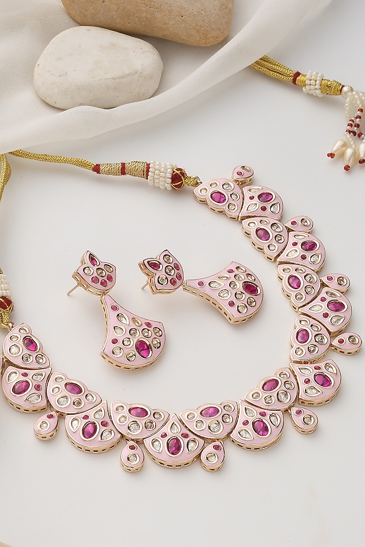 Rose Gold Finish Pink Kundan Polki Necklace Set by Swabhimann Jewellery at Pernia's Pop Up Shop