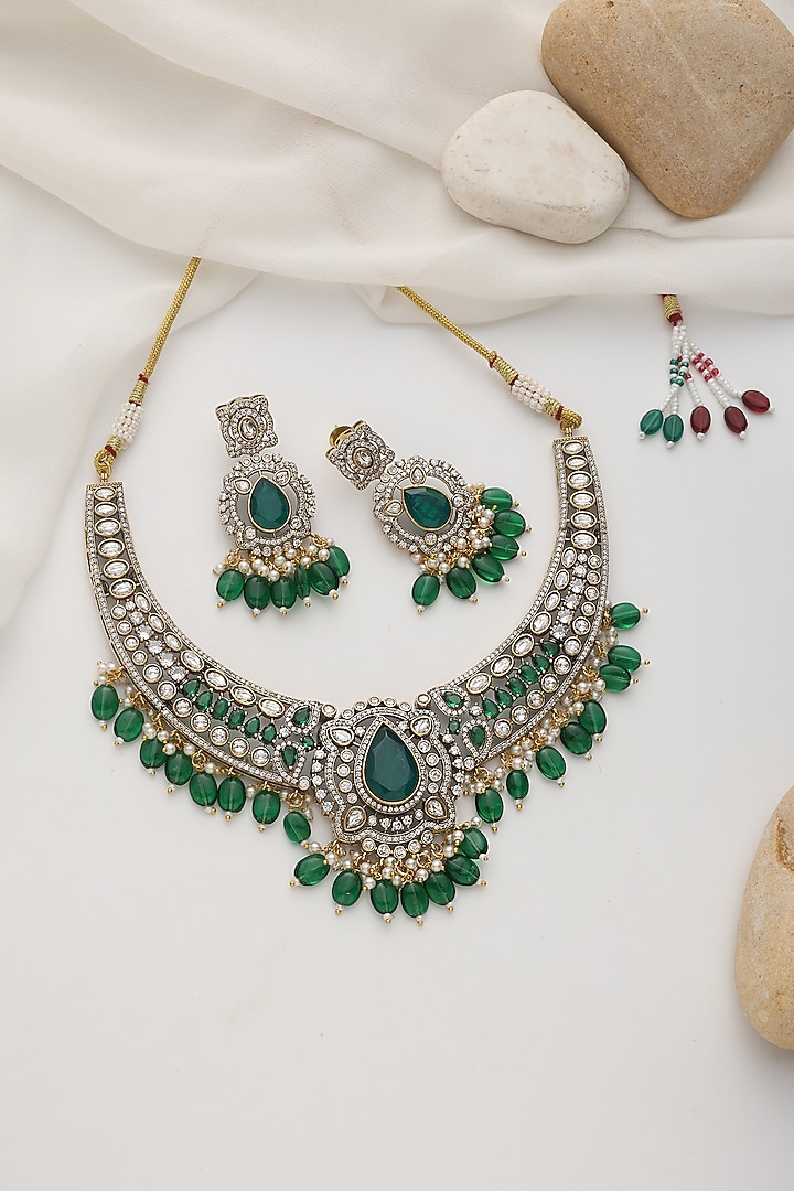 Gold Finish Green Kundan Polki Necklace Set by Swabhimann Jewellery at Pernia's Pop Up Shop