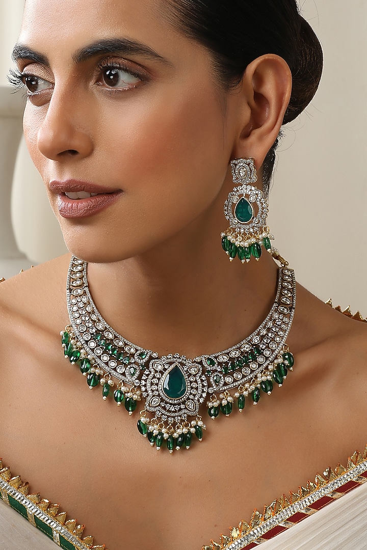 Gold Finish Green Kundan Polki Necklace Set by Swabhimann Jewellery at Pernia's Pop Up Shop