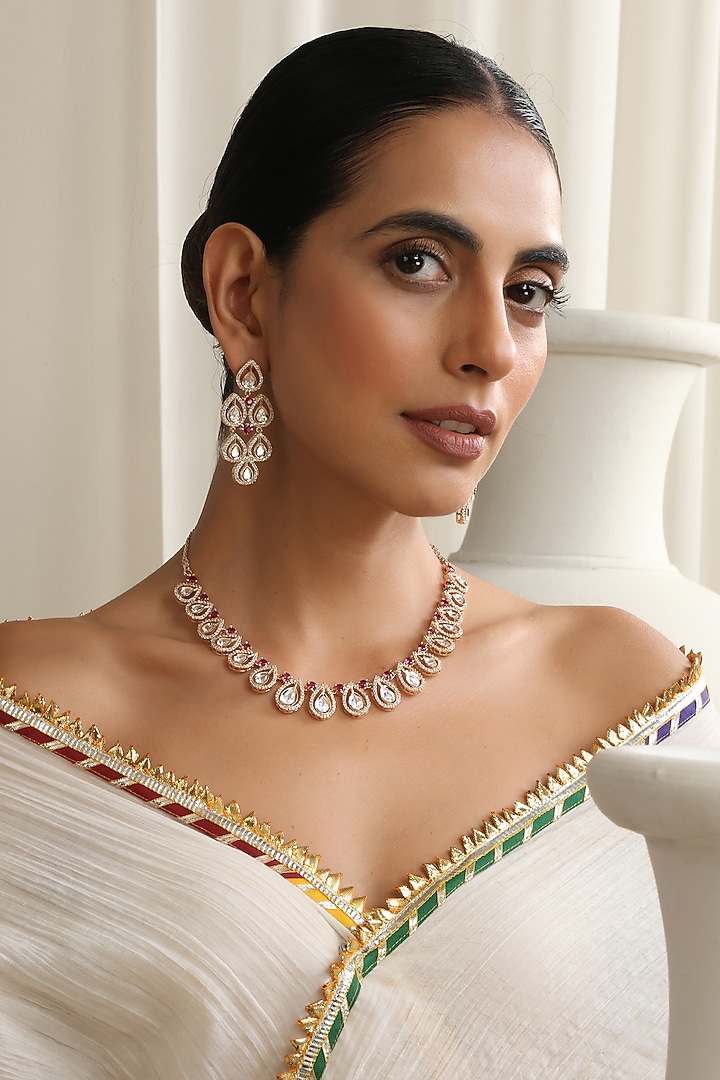 Rose Gold Finish Red Kundan Polki Necklace Set by Swabhimann Jewellery at Pernia's Pop Up Shop