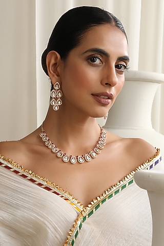 Rose Gold Finish Red Kundan Polki Necklace Set by Swabhimann Jewellery