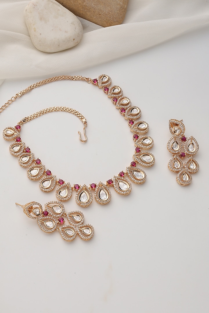 Rose Gold Finish Red Kundan Polki Necklace Set by Swabhimann Jewellery at Pernia's Pop Up Shop