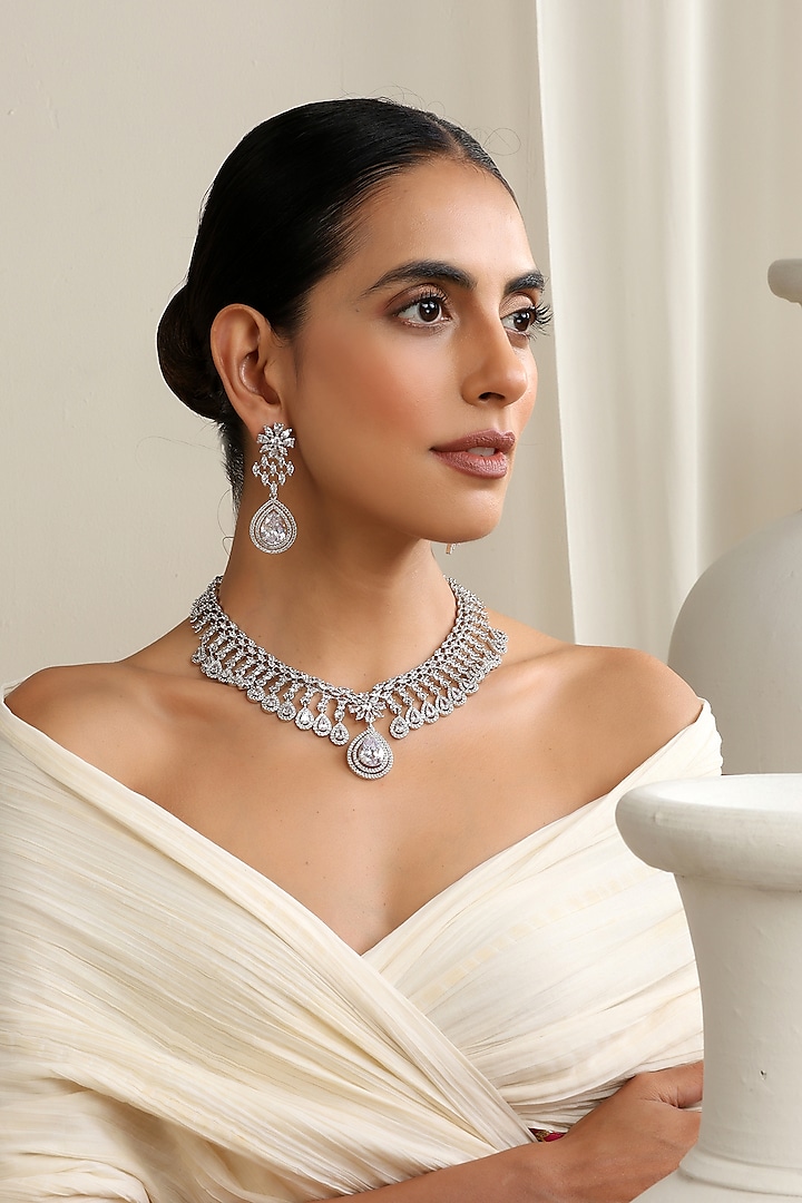 Silver Finish Zircon Necklace Set by Swabhimann Jewellery at Pernia's Pop Up Shop