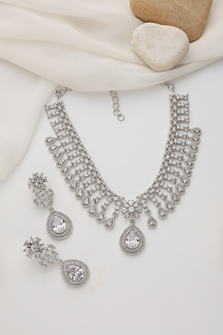 Silver Finish Zircon Necklace Set by Swabhimann Jewellery at Pernia's Pop Up Shop
