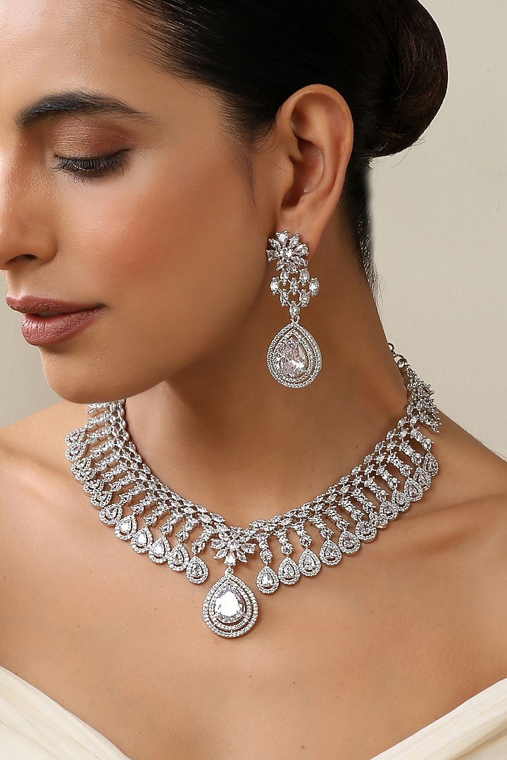 Silver Finish Zircon Necklace Set by Swabhimann Jewellery at Pernia's Pop Up Shop