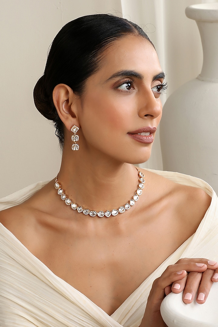 Rose Gold Finish Kundan Polki Necklace Set by Swabhimann Jewellery at Pernia's Pop Up Shop