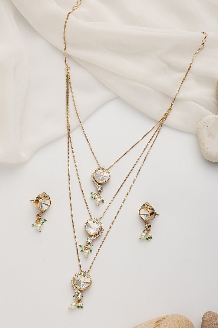 Gold Finish White Kundan Polki Layered Necklace Set by Swabhimann Jewellery at Pernia's Pop Up Shop