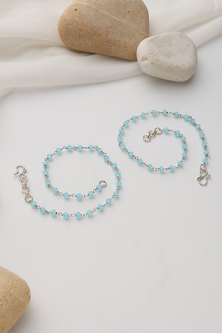 Gold Finish Blue Beaded Anklets (Set Of 2) by Swabhimann Jewellery at Pernia's Pop Up Shop