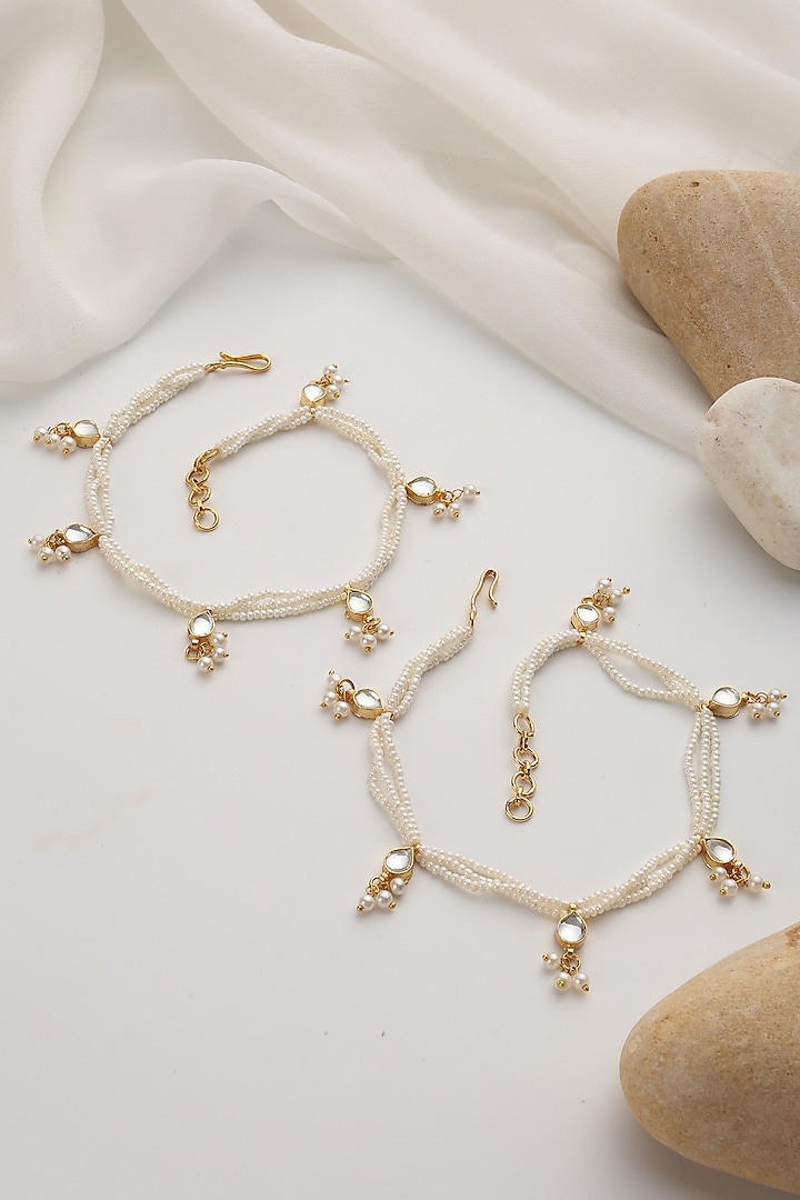 Gold Finish Kundan Polki & Pearl Anklets (Set Of 2) by Swabhimann Jewellery at Pernia's Pop Up Shop