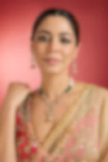 Rose Gold Finish Green Kundan Polki Long Pendant Necklace Set by Swabhimann Jewellery at Pernia's Pop Up Shop
