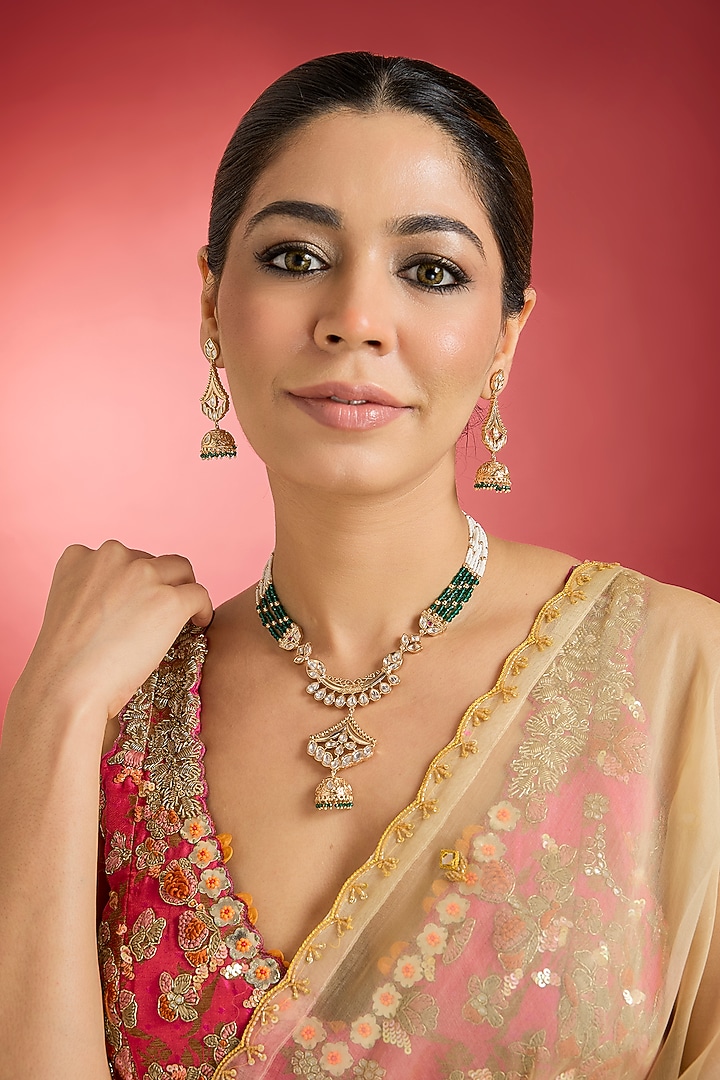 Rose Gold Finish Green Kundan Polki Long Pendant Necklace Set by Swabhimann Jewellery at Pernia's Pop Up Shop