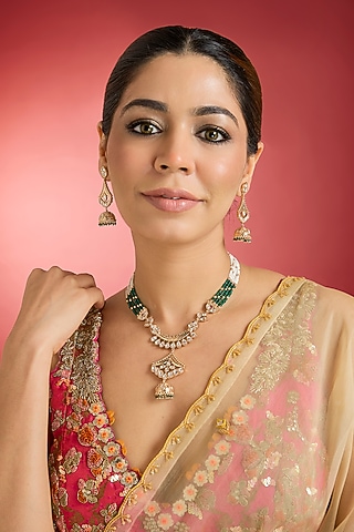 Rose Gold Finish Green Kundan Polki Long Pendant Necklace Set by Swabhimann Jewellery