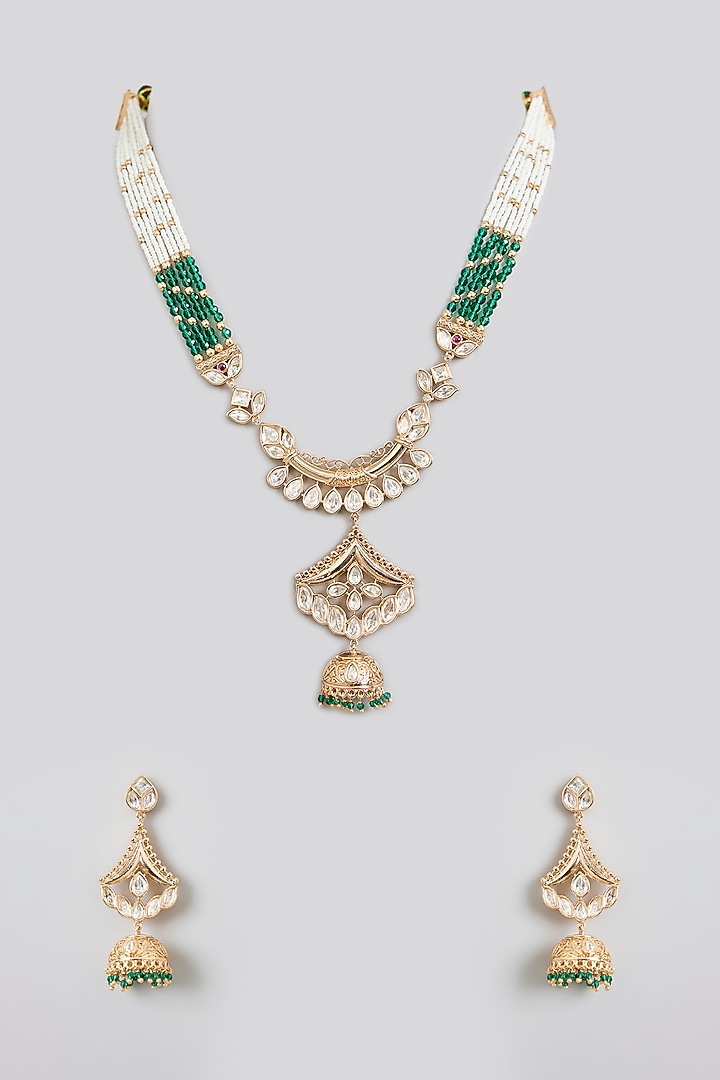 Rose Gold Finish Green Kundan Polki Long Pendant Necklace Set by Swabhimann Jewellery at Pernia's Pop Up Shop