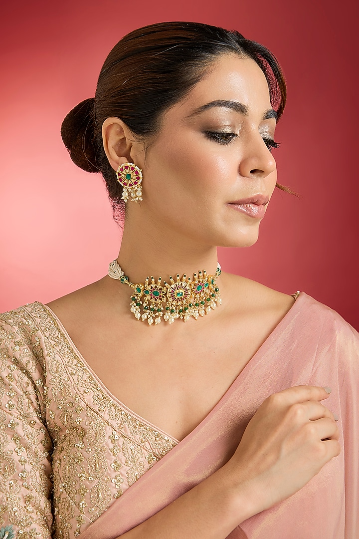 Gold Finish Multi-Colored Jadau Kundan Polki Choker Necklace Set by Swabhimann Jewellery at Pernia's Pop Up Shop