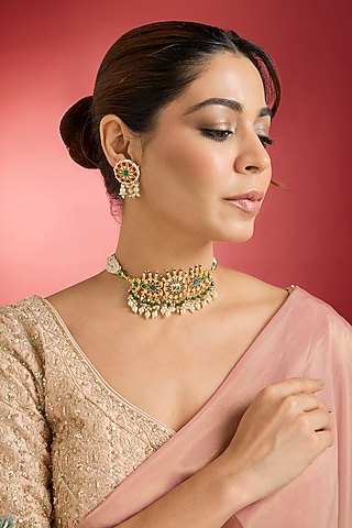 Gold Finish Multi-Colored Jadau Kundan Polki Choker Necklace Set by Swabhimann Jewellery