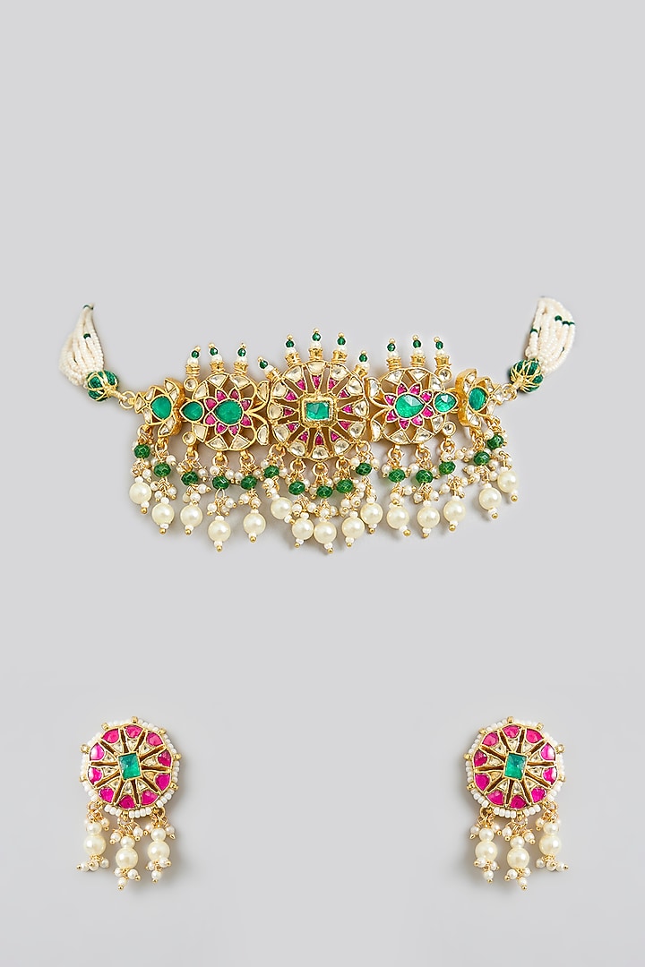 Gold Finish Multi-Colored Jadau Kundan Polki Choker Necklace Set by Swabhimann Jewellery at Pernia's Pop Up Shop