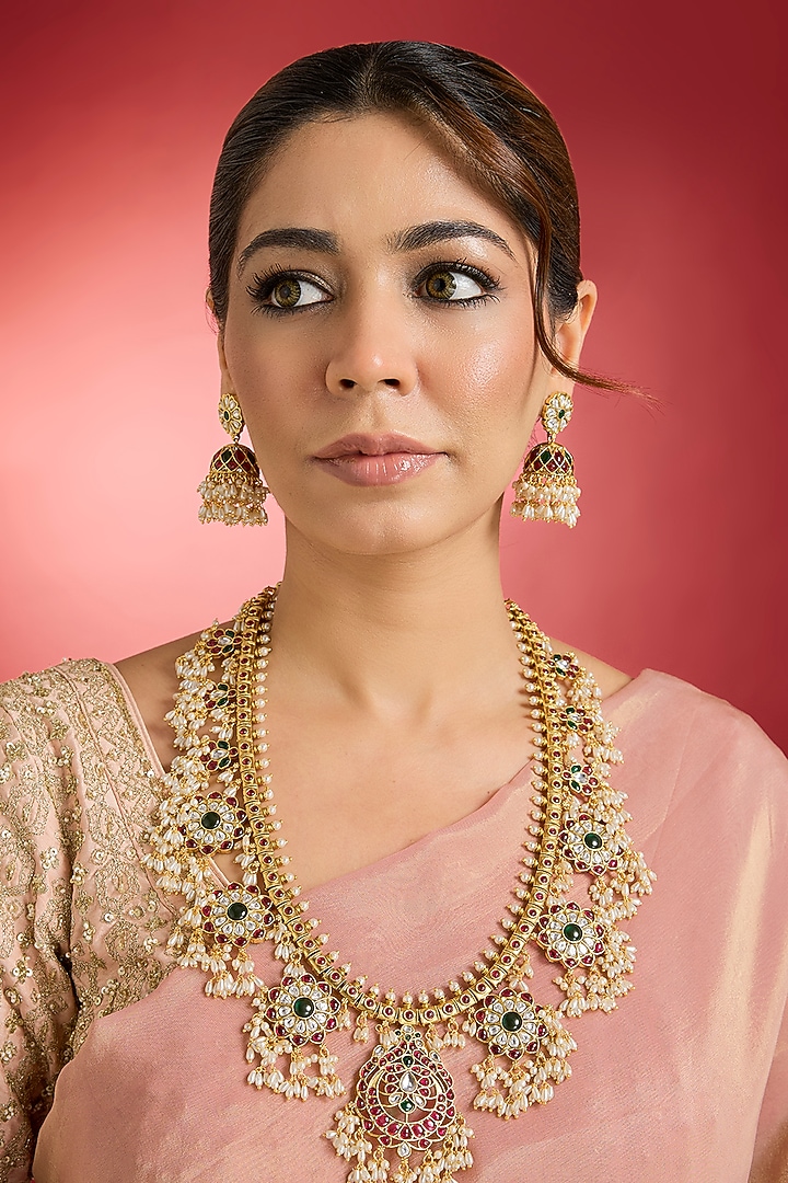 Gold Finish Multi-Colored Jadau Kundan Polki Long Necklace Set by Swabhimann Jewellery at Pernia's Pop Up Shop