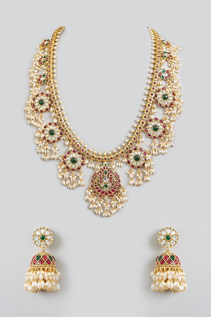 Gold Finish Multi-Colored Jadau Kundan Polki Long Necklace Set by Swabhimann Jewellery at Pernia's Pop Up Shop