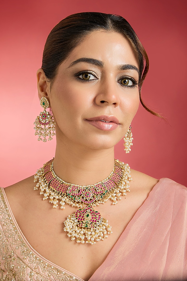 Gold Finish Multi-Colored Jadau Kundan Polki Long Necklace Set by Swabhimann Jewellery at Pernia's Pop Up Shop