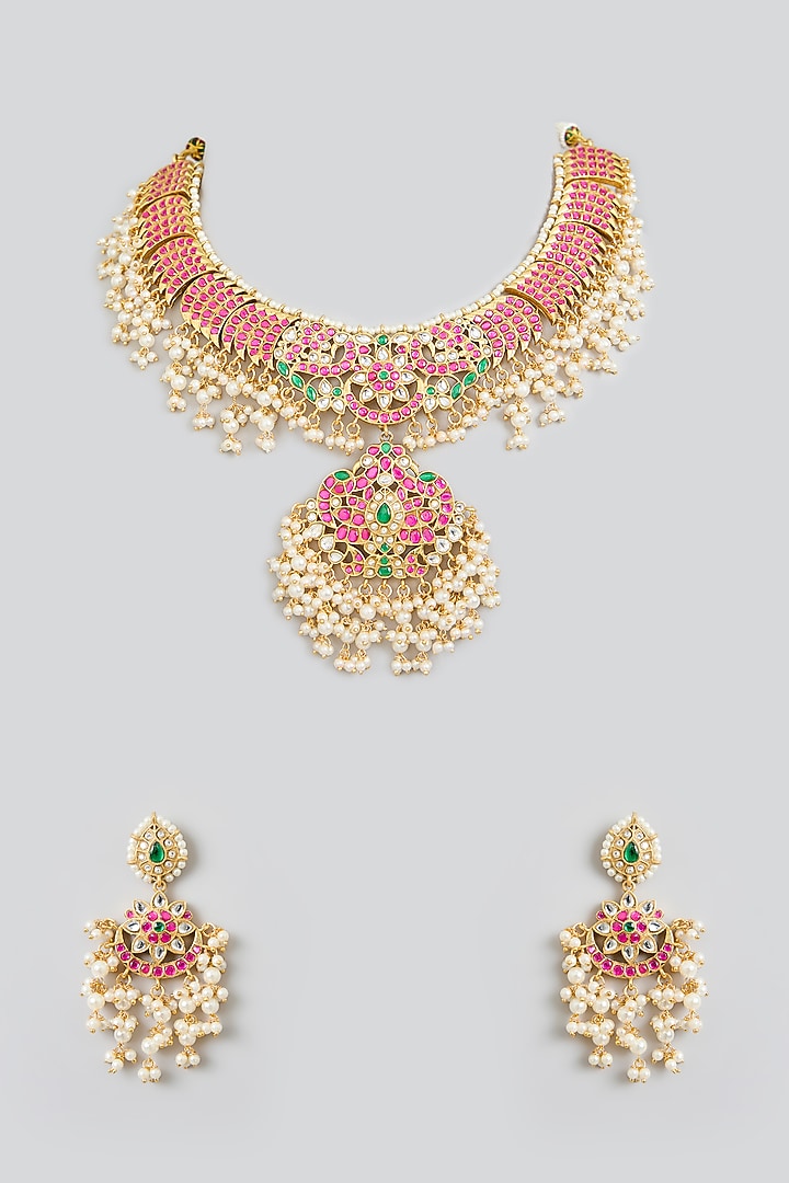 Gold Finish Multi-Colored Jadau Kundan Polki Long Necklace Set by Swabhimann Jewellery at Pernia's Pop Up Shop